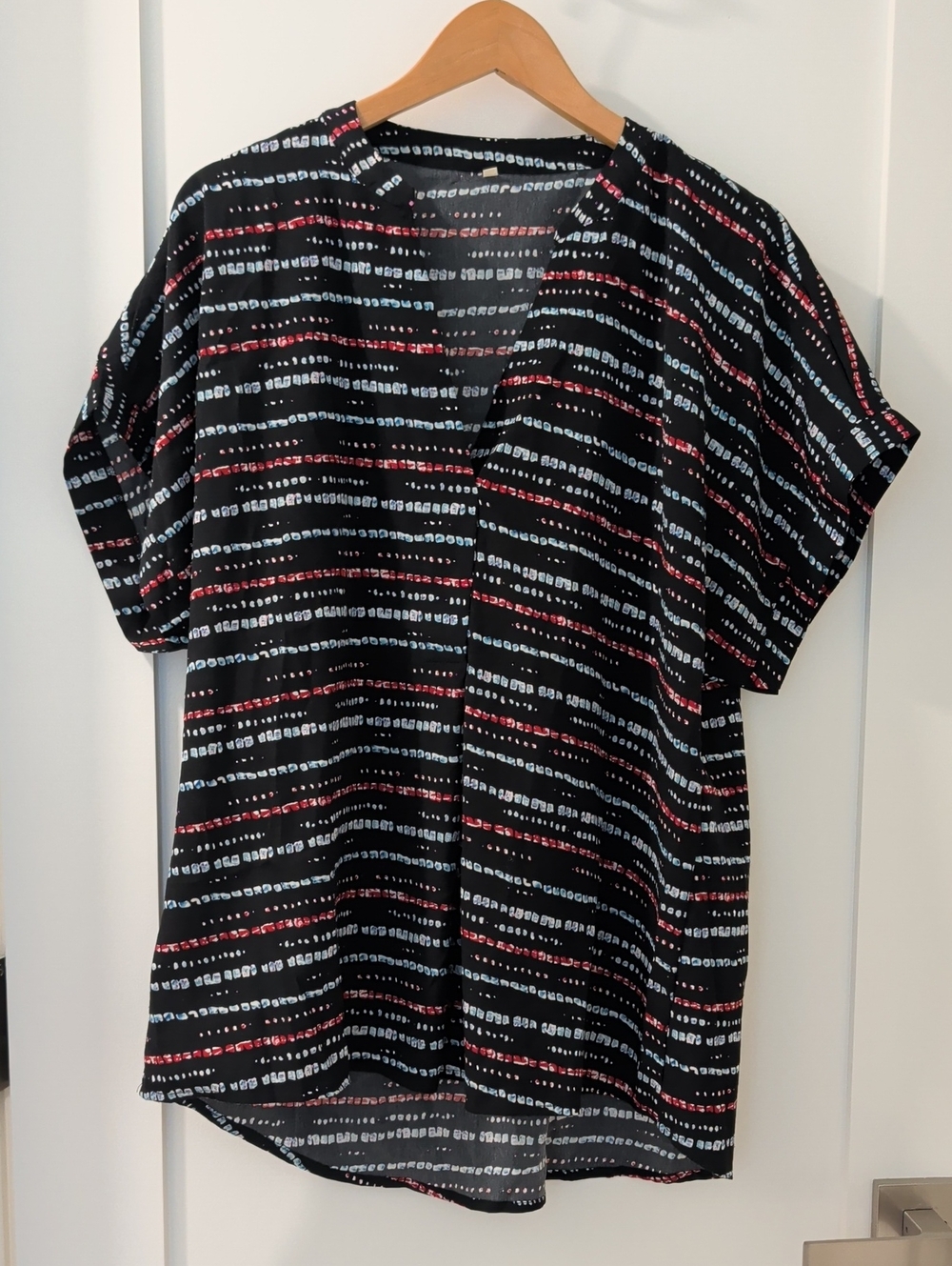 Black Short-Sleeve V-Neck Blouse with Red & Light Blue Stripes